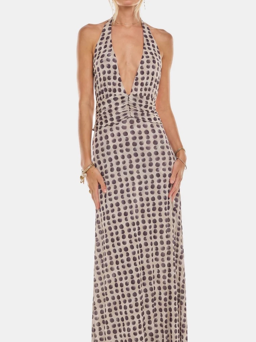 Backless Halter Polka Dot Maxi Dress - Taupe/Black